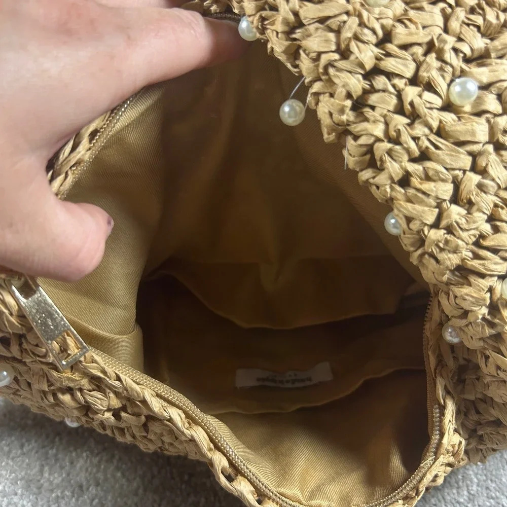 Haute Hippie Hobo Bag Tan Faux Pearl Straw Knotted Handle Women Purse